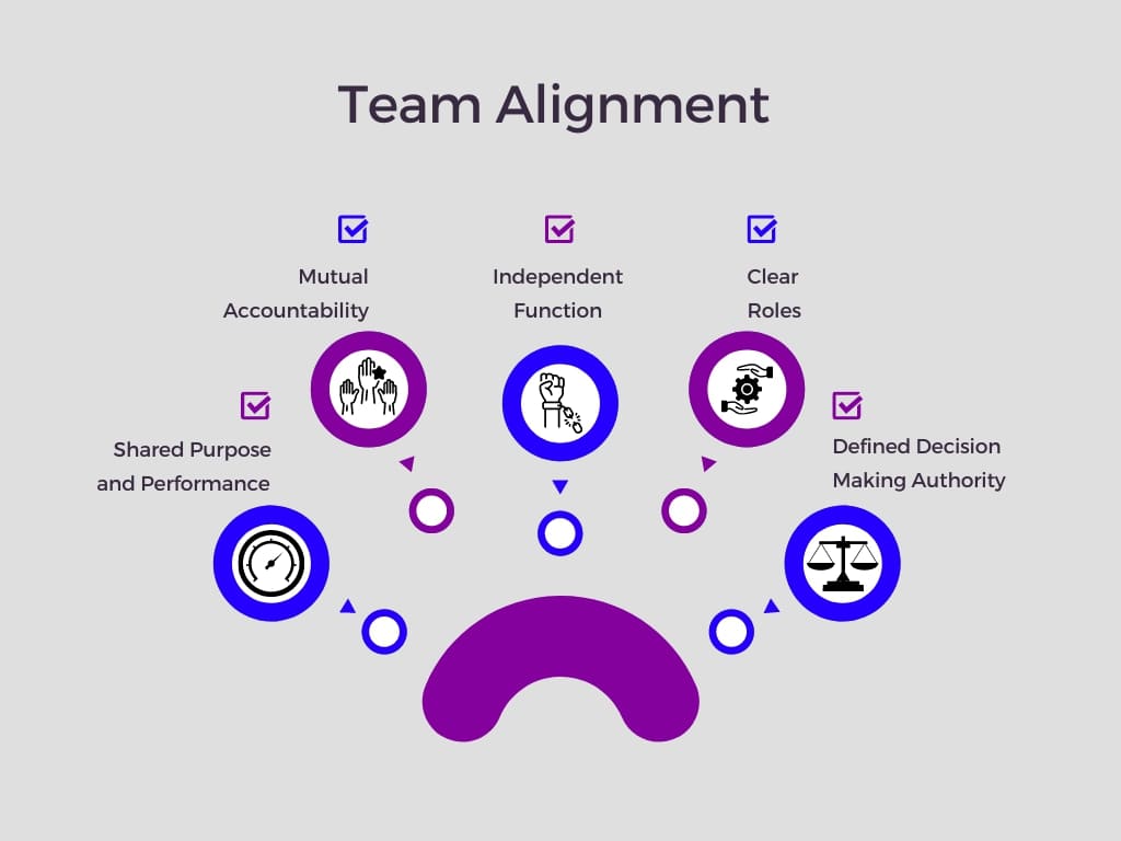 Diagram showing the components of team alignment, including mutual accountability, shared purpose and performance, independent function, clear roles, and defined decision-making authority.