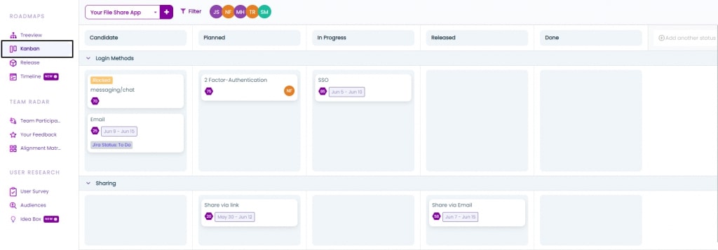 Kanban board with various columns and statuses. 