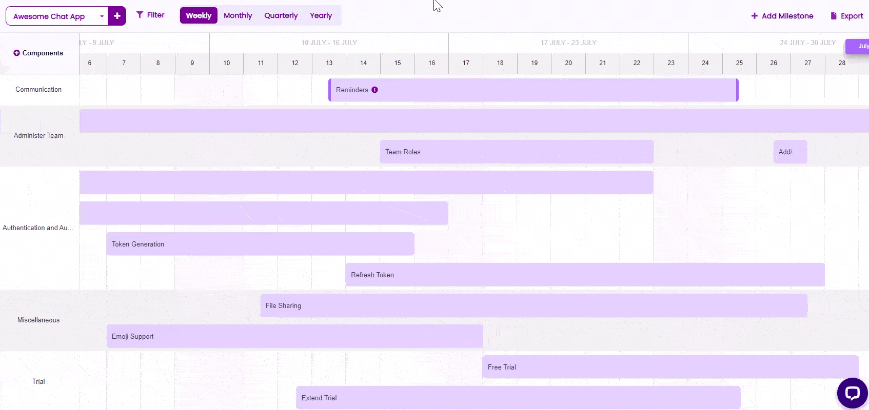 Chisel's timeline tool gives you a view of weekly, quarterly, and yearly goals. 