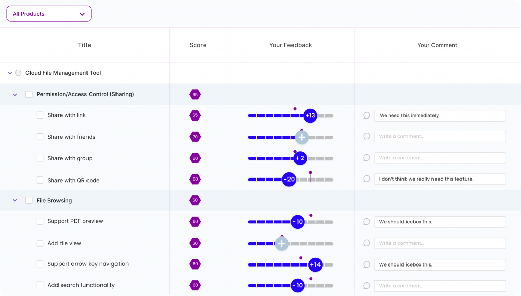 
Using Chisel's Your Feedback Tool, you may quickly rate a feature and even contribute comments as a team member.