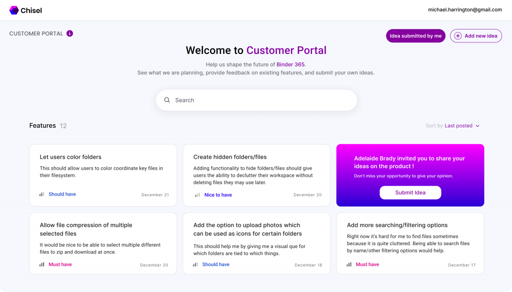 Product managers can share the link with customers and collect feedback, ideas, and other product enhancements in the Idea Portal.