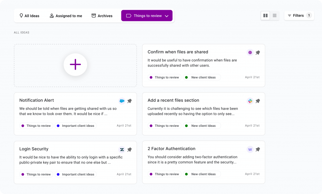 With Chisel's Ideabox, you can save all of your thoughts, product feature requests, and recommendations.