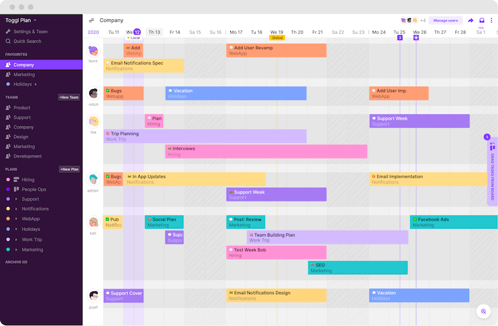 Timeline view in TogglYou also have the option to zoom in on a week, month, or quarter, or even examine an entire year. This simplifies goal-oriented capacity planning, whether it's for the short, medium, or long term.