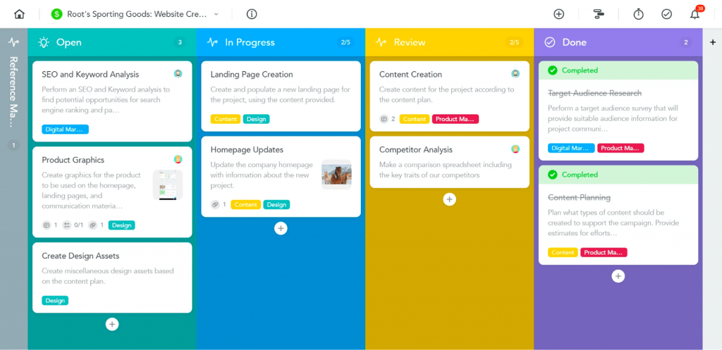 A screenshot showcasing MeisterTask's Kanban-style project board interface with task cards arranged in columns.
