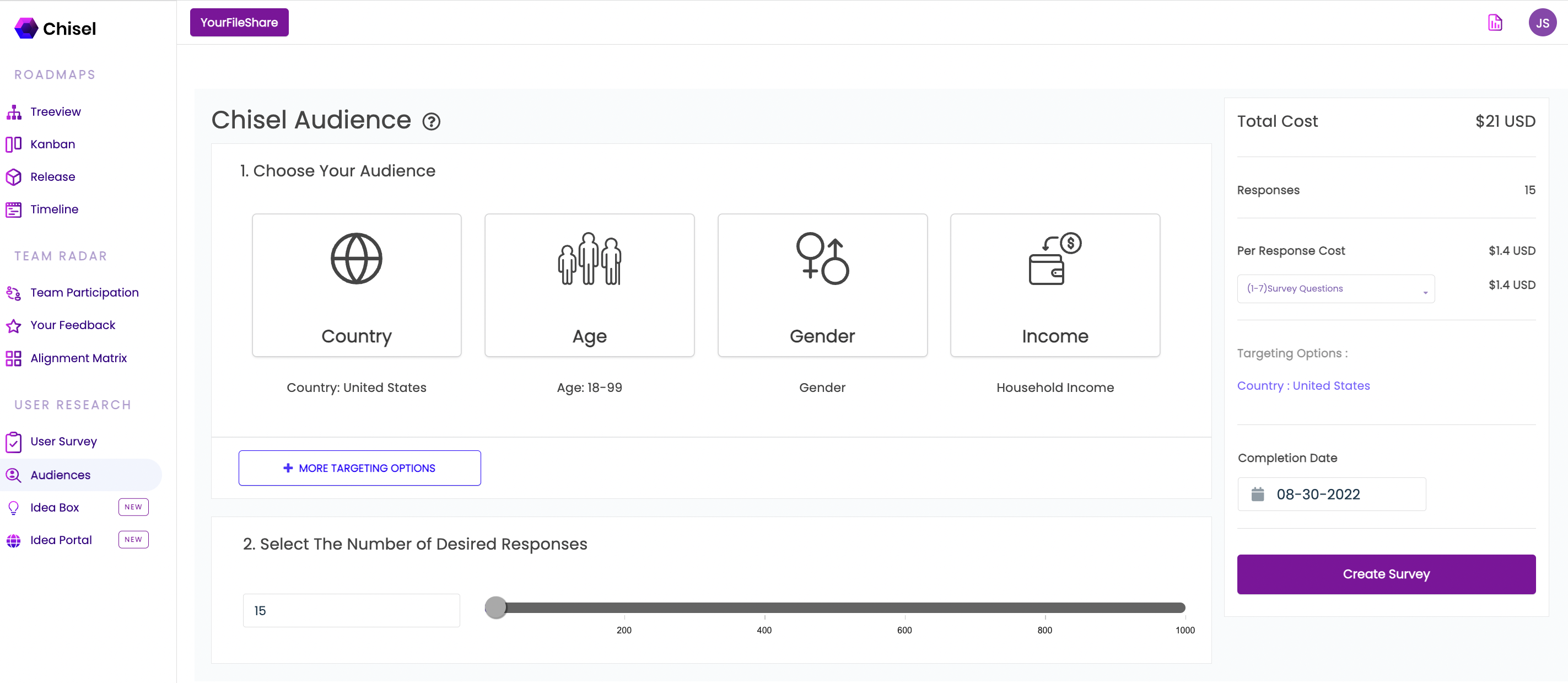 You can tailor your survey to send out to your target audience with the help of Chisel's Audience tool in the User Research Pillar.